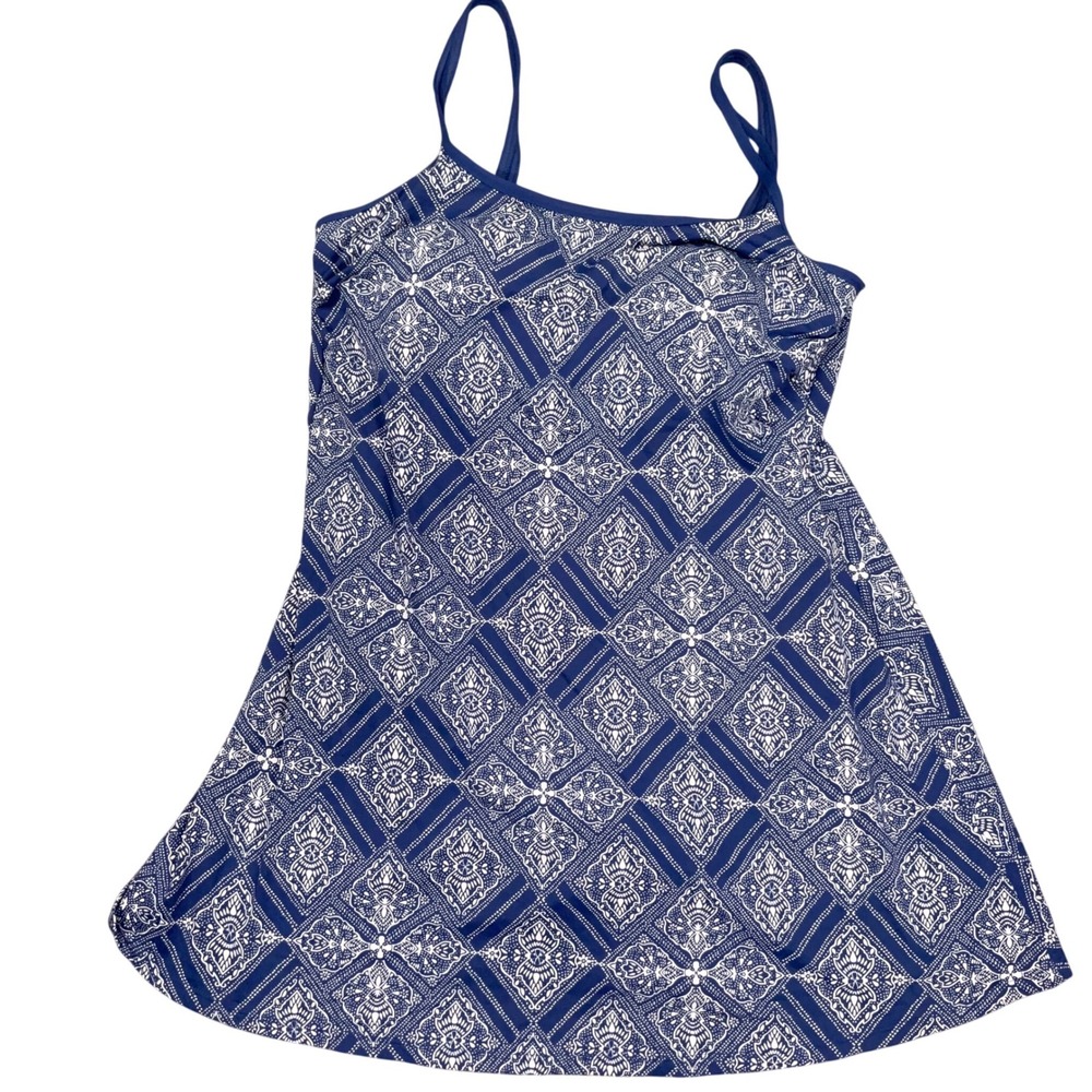 Amoena Macau Swim Dress Womens‎ 12B Blue White Geometric Resortwear Modest Beach